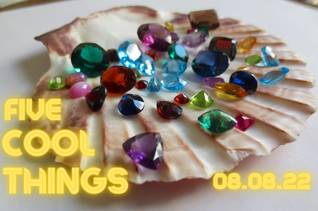 A scallop shell holds a variety of colorful gemstones. Bold yellow text reads FIVE COOL THINGS and 08.08.22 in the lower right corner.