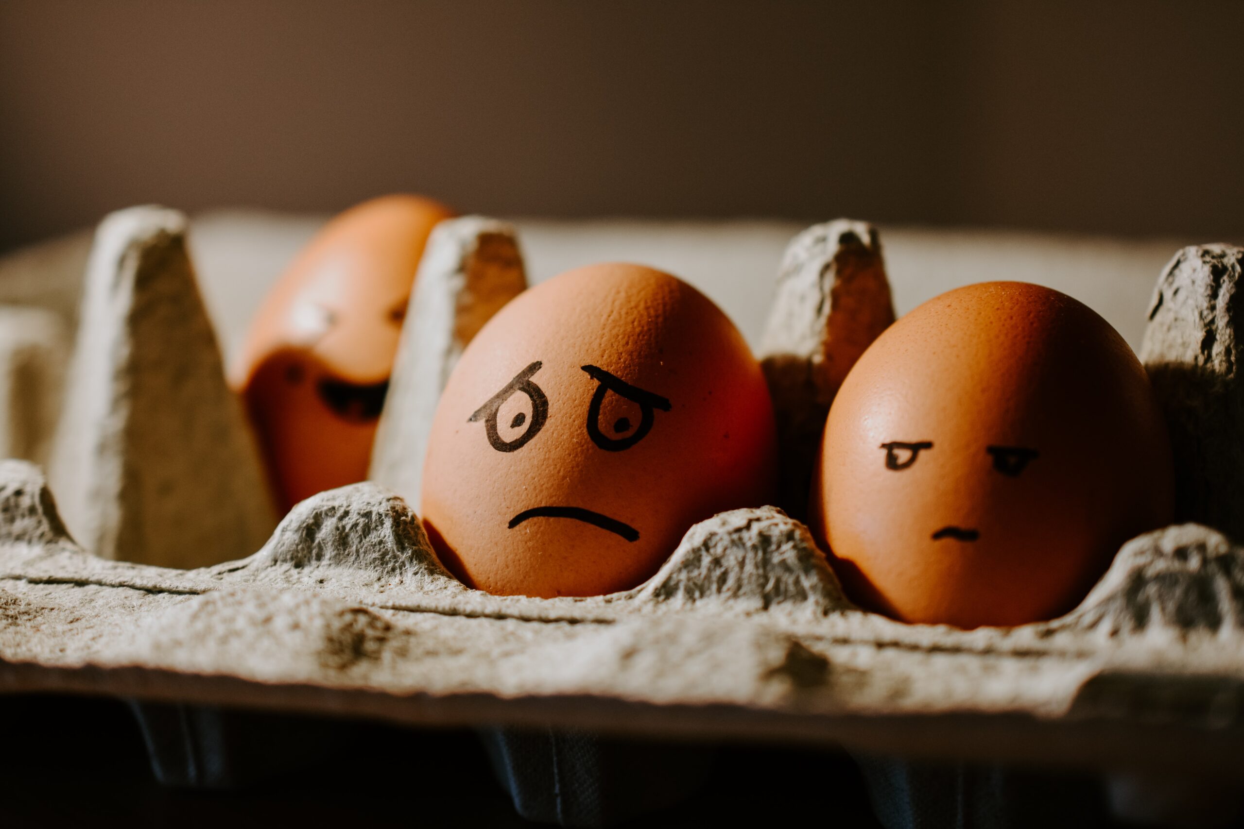 Three brown eggs in a carton, each with a drawn face showing different emotions: one smiling, one looking sad or worried, and one appearing skeptical or unimpressed.
